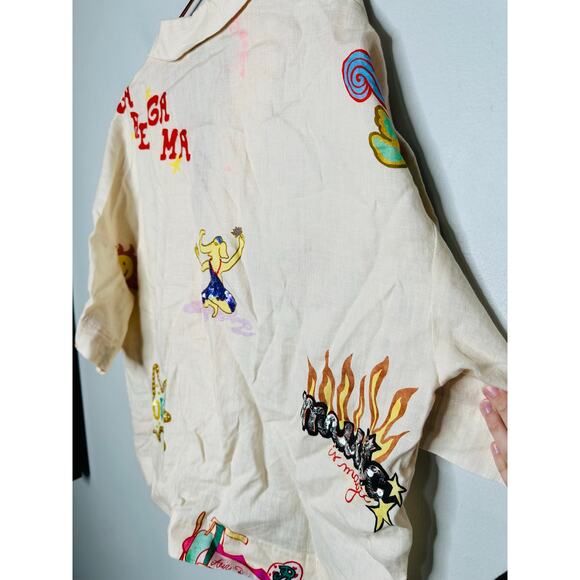 RHODE Off-White Graphic Whimsical Patches Front Button Collared Nola Top Size L - Picture 12 of 16